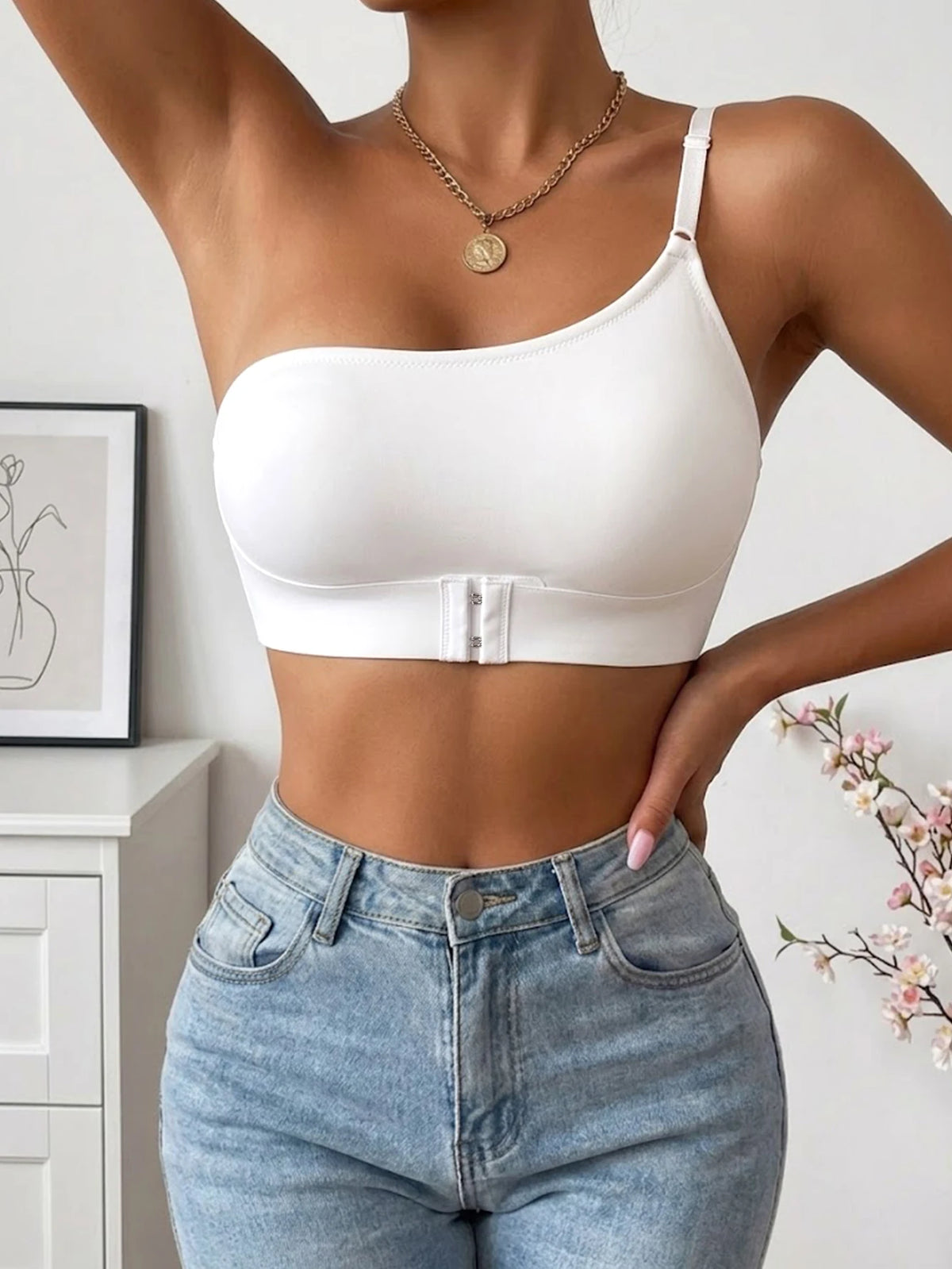 Women One Shoulder Bra Front Closure Unlined Push Up Brassiere Bandeau Thin Comfort Non-slip Lingerie