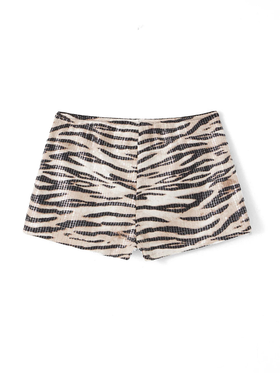 Women's Summer Hot Shorts Zebra Print Low Waist Sequin Short Pants Streetwear for Party