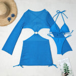 DEKA Women Solid Bikini Set Halter Bra Lace-up Swimsuit Set With Mesh Yarn Cover Up Dress KnittedLong Sleeve Boho Swimwear