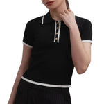 Women Short Tops Short-Sleeve Patchwork Color Lapel Tops with Buttoned Neckline Regular Fit Knitting Tops