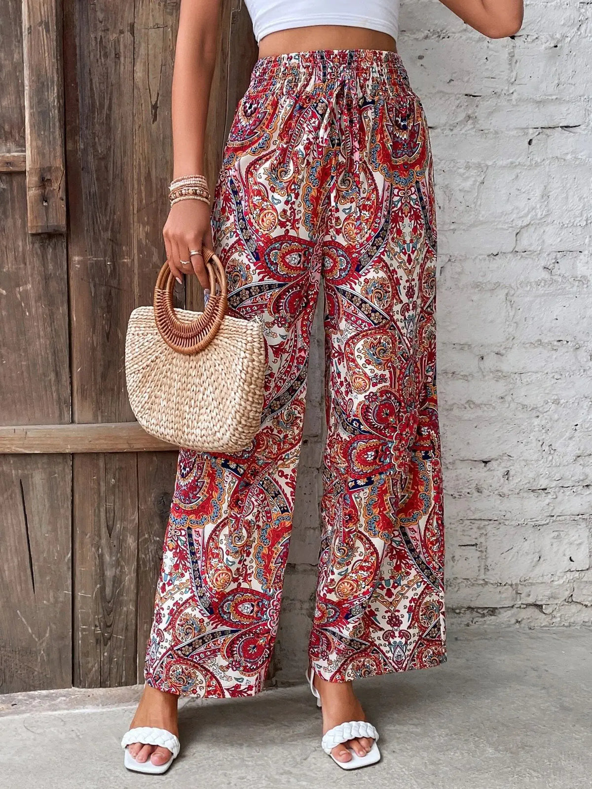 Women's 2026 Summer Versatile Printed Elastic Waist Wide Leg Pants
