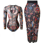 S - XXL Printed Long Sleeve With Sarong One Piece Swimsuit Women Swimwear Female Flowers Padded Bather Bathing Suit Swim V7181