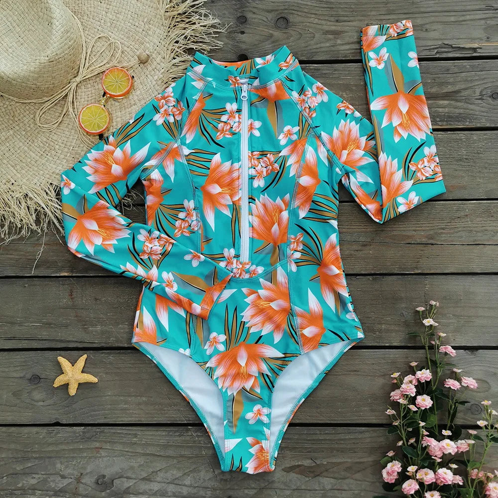 2024 Women One Piece Swimsuit Surfing Sport Swimsuit Long Sleeves Swimwear Print Monokini Bathing Suit Tropical Bodysuit Female