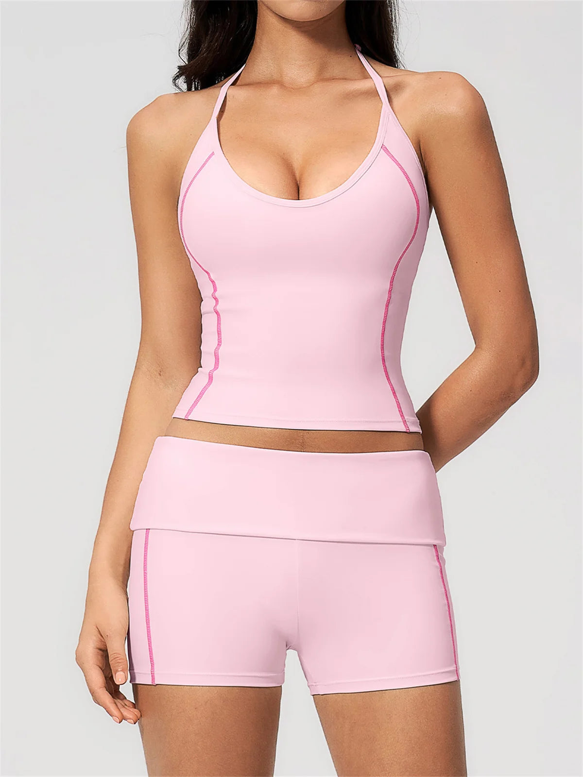 2PCS Women Yoga Sets Color Contrast Hanging Neck V Neck Slimming Sports Tank Top Flip High Waist Shorts Gym Running Fitness Suit