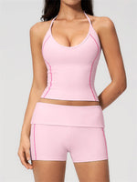 2PCS Women Yoga Sets Color Contrast Hanging Neck V Neck Slimming Sports Tank Top Flip High Waist Shorts Gym Running Fitness Suit
