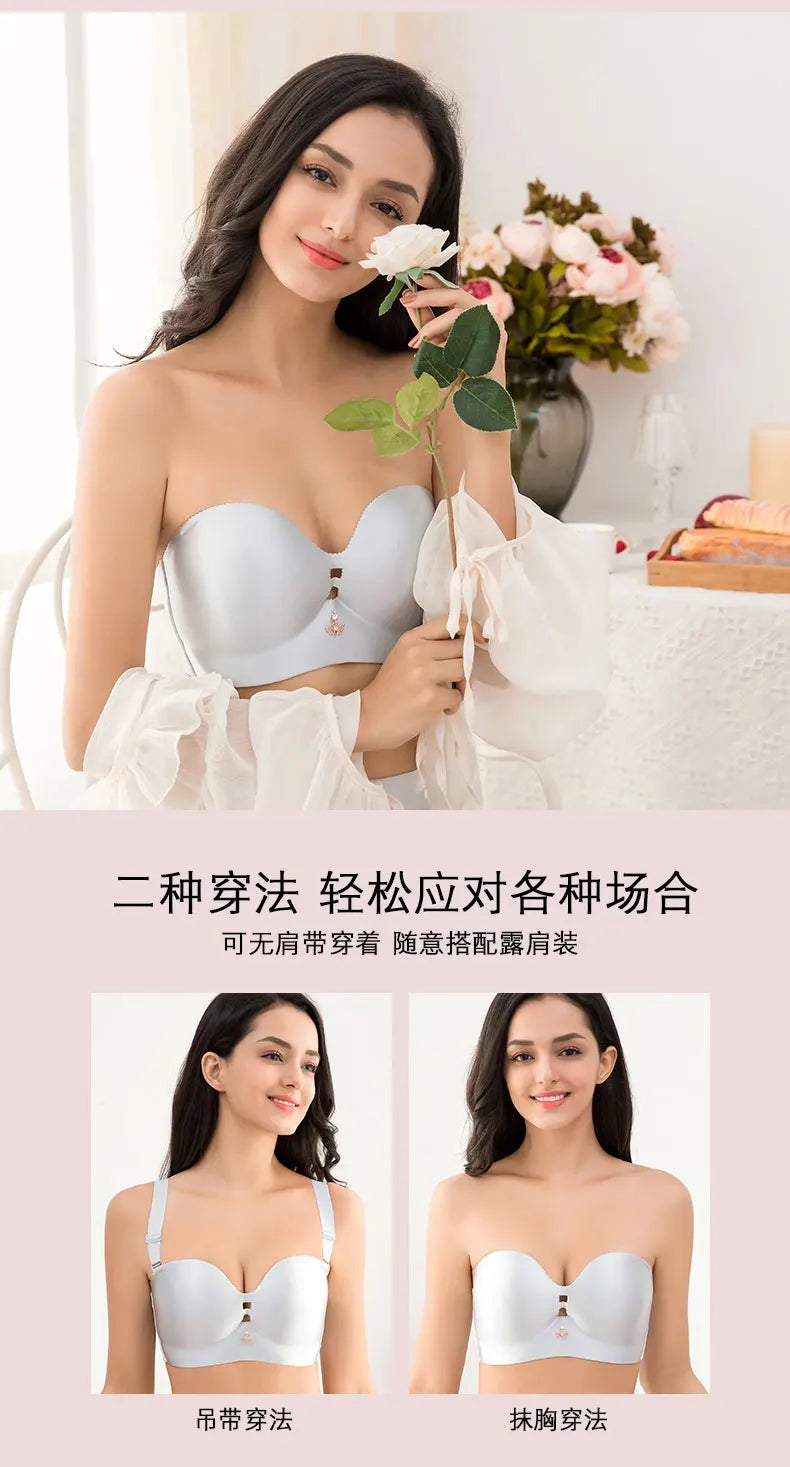 Sexy Women Strapless Bra Invisible Breast Lift Up Leopard Slim Seamless Breathable Wireless Brassiere Wrapped Chest Big Size 52F