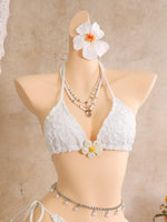 Vintage White Floral Embroidery Bikini Set 2026 Women 3D Flower Push Up Bra Pleate Skirt 3 Piece Swimsuit Bathing Suit Swimwear