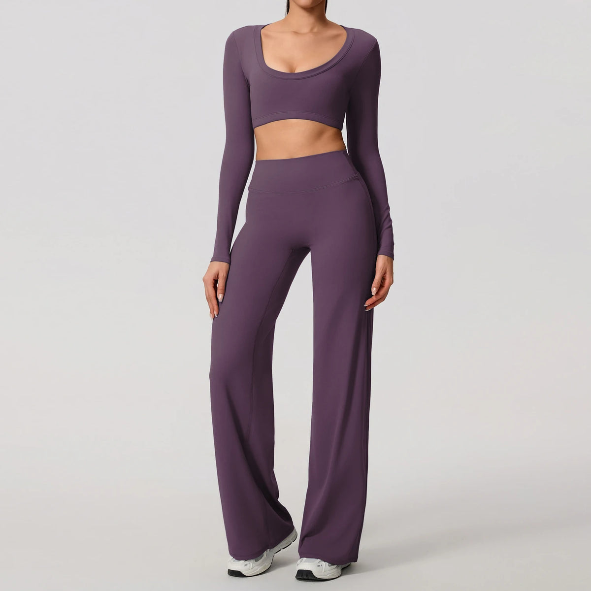 Hearuisavy Sports Set 2Pcs Women'sLong Sleeve Backless Fitted Fitness Top Push Up Pilates Yoga Top Wide Leg Straight Leg Pants