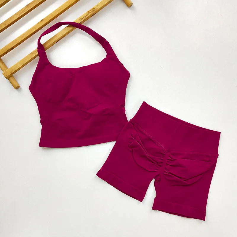 Yoga 2 Pieces Gym Set Women Backless Halter Tops High Waist Seamless Shorts Gym Suit Fitness Sports Bras Sportswear Workout Sets