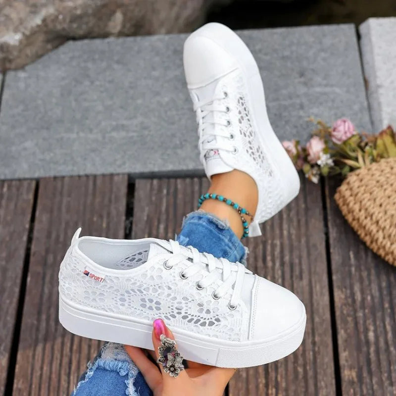 Fashion Women Shoes 2026 Fashion Summer Casual White Shoes Cutouts Lace Hollow Breathable Platform Flat Shoes Woman Sneakers