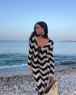 Knitted Dress Leace-up Vestido Dresses 2025 Woman Beach Hollow Out Slim Vacation Beachwear Temperament Long Sleeves Holiday Sexy