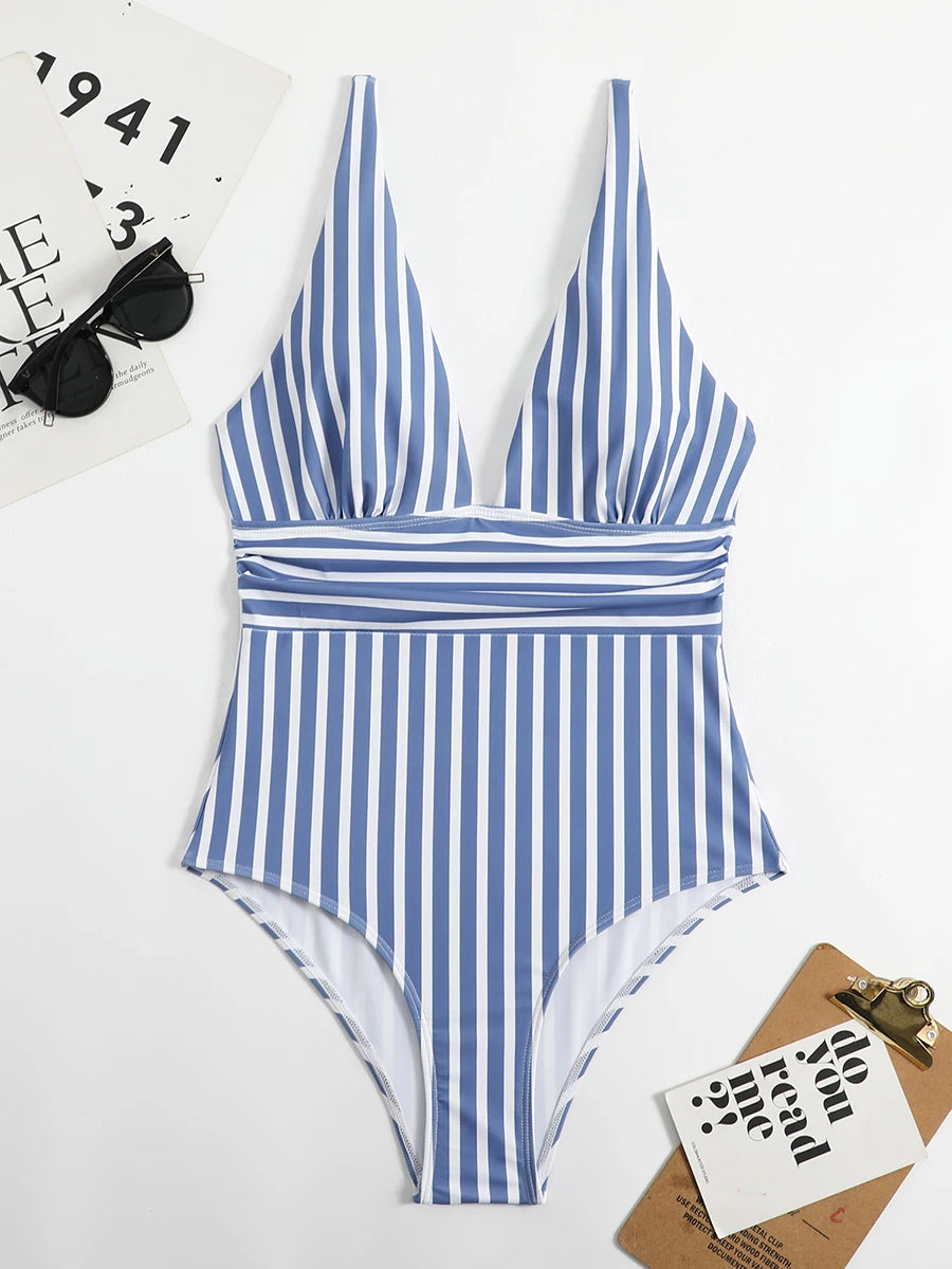 2026 Striped One Piece Swimsuit Sexy Swimwear Women V-neck Bathing Swimming Suit Female Summer Beachwear Bodysuit