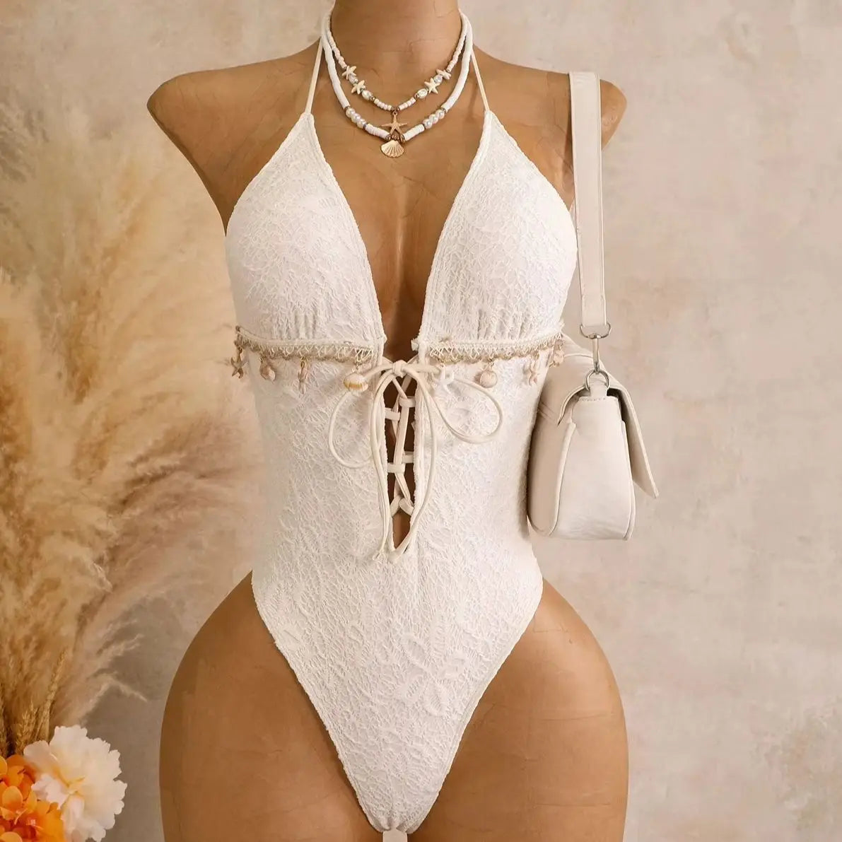 DEKA Sexy Deep V Neck Hollow Out Backless Swimwear White Shell Starfish Ornament One Piece Swimsuit Women Bathing Suit Holiday