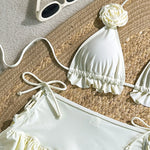 Sexy Ruffles Cover Up 3 Piece Bikinis Sets Women Black White 3D Floral Push Up Bra Thong Swimsuit Bathing Suit Swimwear 2026