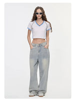 Hot girl top V-neck exposed navel contrasting color splicing clothes women's street short-sleeved T-shirt