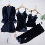 2025 New Gold Velvet Lace Sleepwear Women's Long Sleeve Home Clothes Set with Chest Pad Strap Four Piece Suite Winter Season