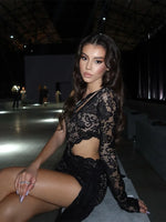 Ahagaga Sexy Sheer Women's Mini Dresses Lace Solid Sheath Long Sleeves One Shoulder Ribbon Sheath Slim Fit Streetwear Vestidos