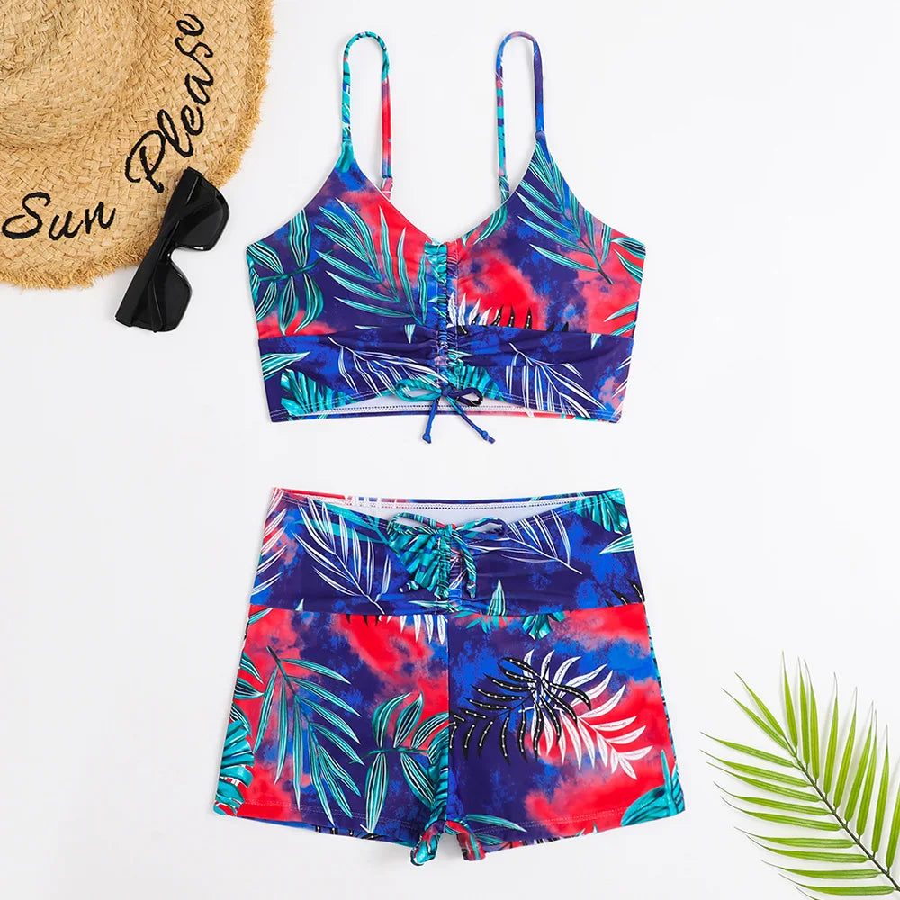 High Waist Bikini Swimsuit Women 2024 Floral Print Swim Suits Drawstring Front Shorts Boxers Swimwear Trunks Pool Bathing Suit