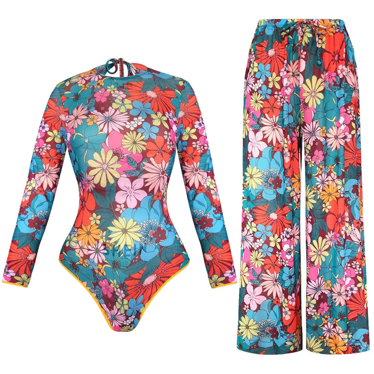 2026 Rash Guard Surfing Suit Plus Size Printed One-Piece Swimsuit Women Sun Protection Swimwear Bodysuit Beachwear with Pants