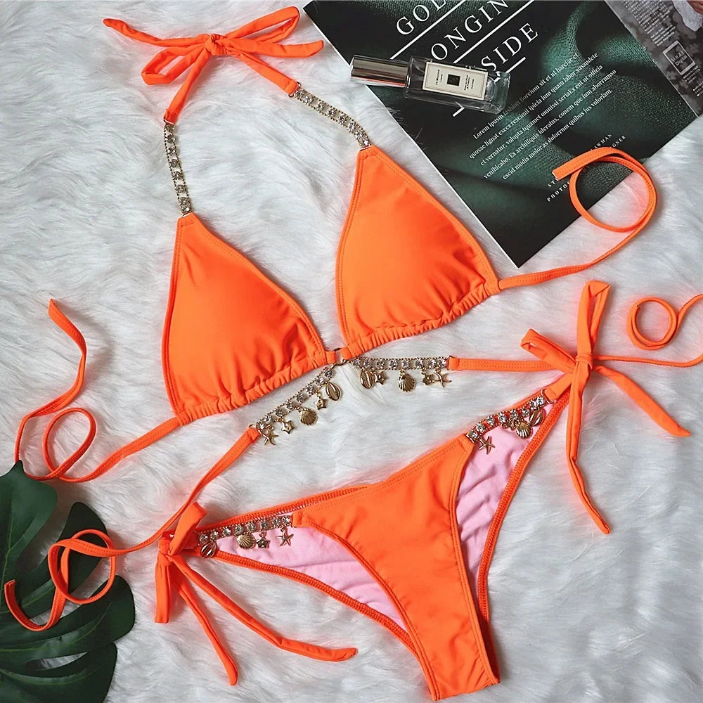 9 Colors New Sexy Bikini Women Rhinestone Shell Pendant Halter Gradient Swimwear Swimsuit Female Beach Bikinis Set Bathing Suit