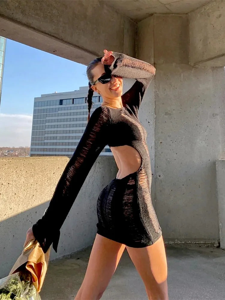 Women Autumn Ripped Knit Dress Long Sleeve Backless Bodycon Mini Dress Summer Fall Club Sexy E-Girl Dresses Female