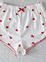 Women's Heart Print Sexy Ribbed Bow Decor Pajama Set, Round Neck Backless Comfortable Crop Cami Top & Shorts, Summer Nightwear