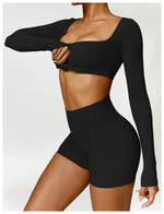 Hearuisavy Summer 2PCS Long Sleeve Gym Set Women Yoga Clothes Quick-Drying Sportswear Running Leggings Workout Sports Crop Top