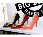 Women 10cm Super High Heels Pointed Toe Side Hollow Work Pumps Metal Crystal Buckle Velvet Stiletto Fashion Banquet Lady Shoes
