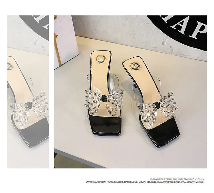 BIGTREE New Crystal Slippers Shoes Women Fine High Heels Transparent Sandals Female Slippers Sexy Outside Beaded Beach Shoes