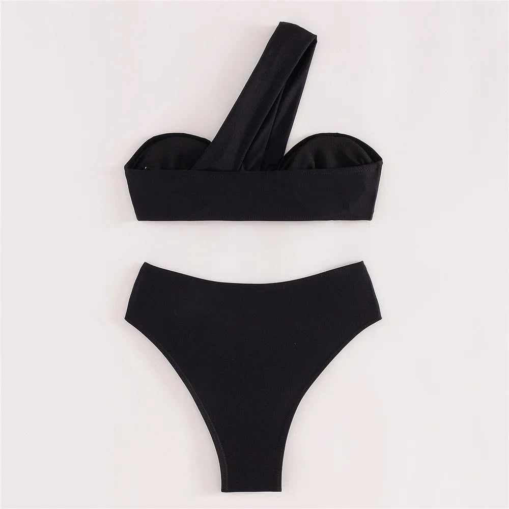 Brown One Shoulder Bikini High Waist Sexy Swimsuit Women 2026 Solid Swimwears Bathing Suit Bandeau Bikinis Sets De Mujer Biquini