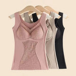 Warm Camisole Undershirts Sleeveless Thermal Tank Top for Women Fleece Lined Lace V Neck Base Layer with Built in Bra