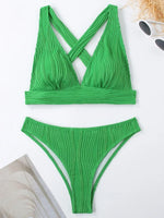 Wrinkled Crinkled Cross Back Bikini Women Swimwear Female Swimsuit Two-pieces Bikini Set High Cut Bathing Suit Swim Beach Wear