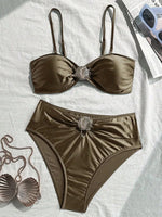 Sexy Metal Shell High Waist Bikini Set Women Black Coffee Pleate Push Up Two Piece Swimsuit 2026 Holiday Bathing Suit Swimwear
