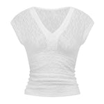 Women Summer Sheer Lace Tops Slim Fit V Neck Cap Sleeve Ruched Slim Crop Shirts Going Out Office Party Sexy T-shirt
