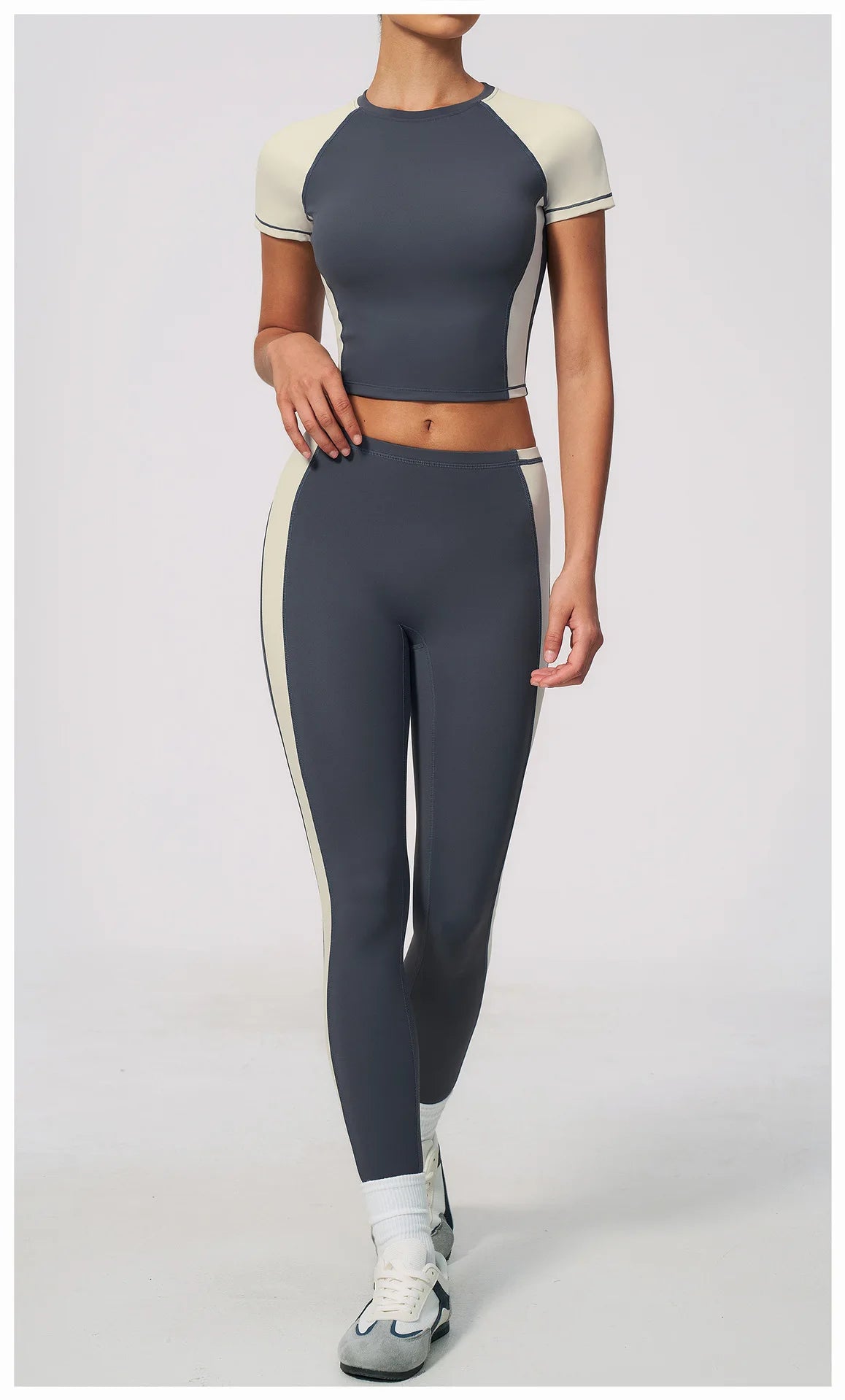 Nake Yoga Set Women's Tracksuit Color Contrast Short Sleeve Slim Sports T Shirts High Waist Leggings Fitness Clothes Gym Outfits