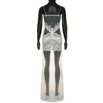 FDYOUI Sexy Lace Patchwork Mesh Long Dress Women Spaghetti Strap See-through Evening Party Dresses White Black Night Club Outfit