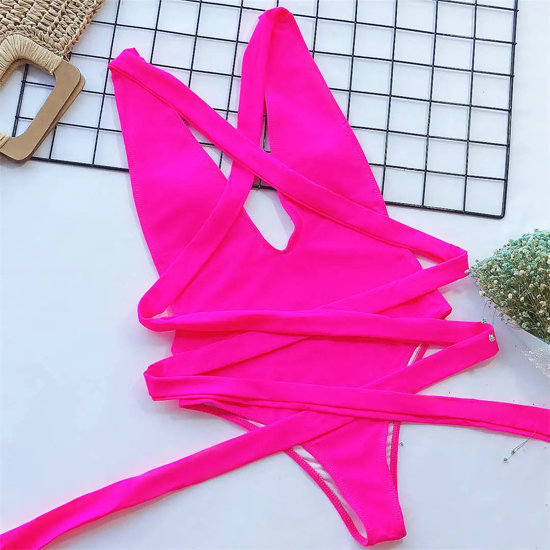 Long Strap Wrap Around Swim Suit For Women Swimwear One Piece Swimsuit Female Bather Snake Print Bathing Suit Beach V852