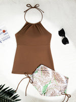 2026 Women's Bikini 2-piece Swimwear Tankini Set Sexy Halter Black Bathing SuitFloral Print Drawstring High Waist Swimsuit