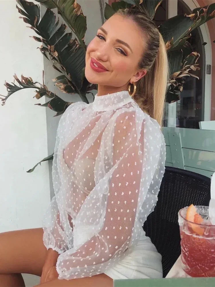 Fashion Women Polka Dot Mesh Blouse Puff Long Sleeve Loose Shirts Sexy Elegant Vintage See Through Cover-ups Tops Summer Fall