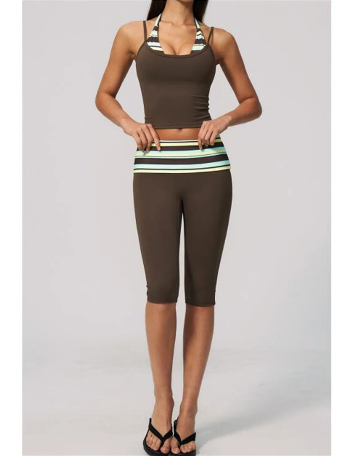 New Fake Two-piece Yoga Sets Women Striped Shock-absorbing Slim Sports Tank Top Fitness Suit Gym High Waist Mid Pants Tracksuit