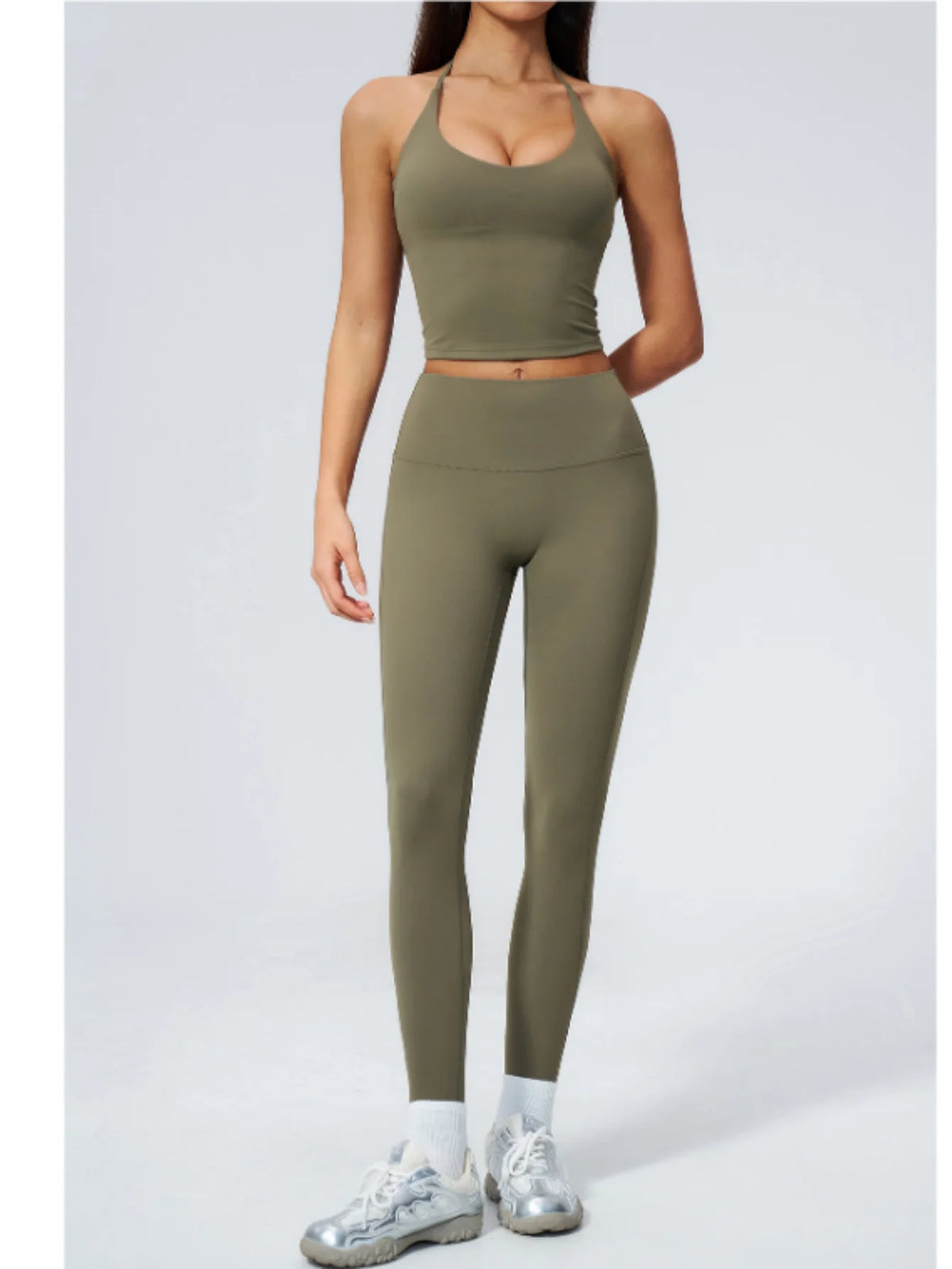 Women Tracksuit 2PCS Seamless Yoga Sets Hanging V Neck Slim Sports Tank Top Fitness Outfits Gym Running High Waist Leggings Suit