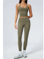Women Tracksuit 2PCS Seamless Yoga Sets Hanging V Neck Slim Sports Tank Top Fitness Outfits Gym Running High Waist Leggings Suit