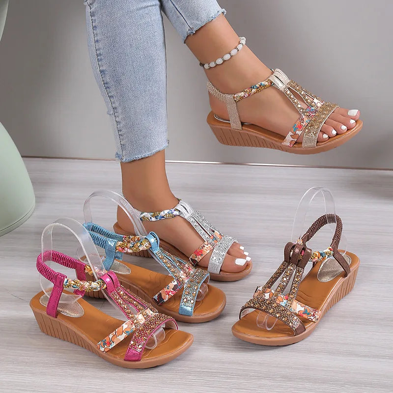 Shoes for Women Summer Women Wedge Bohemia Rhinestones Casual Platform Sandals Female Peep Toe Outdoor Beach Shoes 2026