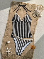 Vintage Red Striped Two Piece Bikini Set 2026 Women Shell Starfish V Neck Top High Waist Swimsuit Beach Bathing Suit Swimwear