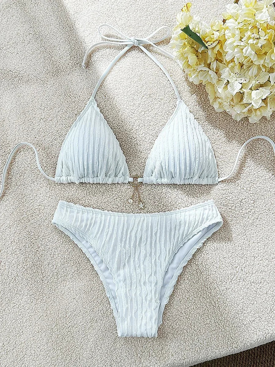 Wrinkled Halter Bikini Women Swimwear Female Swimsuit Two-pieces Bikini Set Brazilian Bather High Cut Bathing Suit Swim Lady