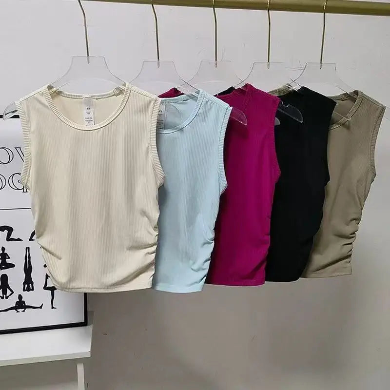 Women's Summer Nude I-Shaped Yoga Sports Vest Slimming Quick Dry Pleated Top for Fitness And Sports Activity