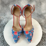 New Denim Fashion Denim color blockingSandals High Gladiator Heels Ladies Office ShoesPlus Big Size45-46 12cm slim heel