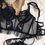 Sexy French Lace Bra and Thong Set Ultra Thin See Through Shaping Underwear Women's Embroidery Lace Camisole Lingerie Set MOYISU