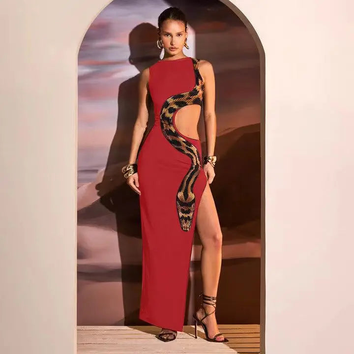 Snake Print Cut Out Slim Long Dress Women Fashion Sexy Package Hip Bodycon Slit Sleeveless Dresses Club Party Vestidos 2025 New