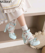 Girls Lace Strap Women 9cm High Heels Mary Jane Pumps Party Wedding Dress Princess Lolita Shoes Blue White Ankle Sandals 33-46
